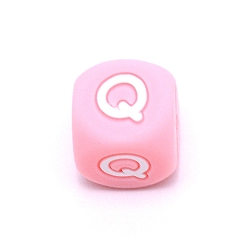 Letter Q Silicone Alphabet Beads for Bracelet or Necklace Making, Letter Style, Pink Cube, Letter.Q, 12x12x12mm, Hole: 3mm