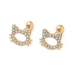 Cat Shape 304 Stainless Steel Crystal Rhinestone Animal Cartilage Earrings, Real 18K Gold Plated, Cat Shape, 8.5x11mm