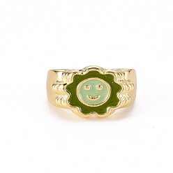 Dark Sea Green Alloy Enamel Wide Band Rings, Cadmium Free & Lead Free, Light Gold, Textured, Flower with Smiling Face, Dark Sea Green, US Size 7 3/4(17.9mm)