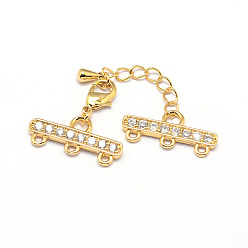 Настоящее золото 18K Латунный удлинитель цепи из микропаве из циркония, с 3 нитями 6 и концами застежки омара, без кадмия, без никеля и без свинца, реальный 18 k позолоченный, 30 мм, отверстия: 1 мм, заканчивается: 9x19x2 мм, застежками: 10x6x3 мм