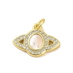 Real 18K Gold Plated Brass Micro Pave Clear Cubic Zirconia Pendants, Cadmium Free & Lead Free, with Shell, Jump Ring, Planet, Real 18K Gold Plated, 14x18.5x3mm, Hole: 3.5mm