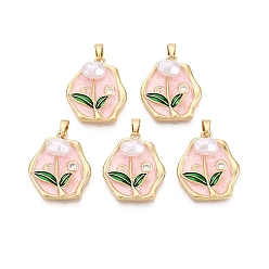 Розовый Латунь эмаль подвески, шестиугольные и цветочные подвески, с имитацией жемчуга ABS и микропаве из прозрачного кубического циркония, реальный 18 k позолоченный, туманная роза, 22x19x6 мм, отверстие : 5x2.5 мм