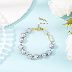 Серый Стеклянные жемчужины круглые бусины браслеты для женщин, с прямоугольником 201 быстроразъемные соединения из нержавеющей стали, серые, 7-3/4~8 дюйм (19.7~20.3 см)