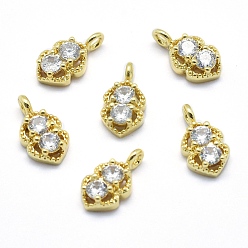 Настоящее золото 18K Латунь прелести, с кубического циркония, без кадмия, без никеля и без свинца, Двойное сердце, прозрачные, реальный 18 k позолоченный, 12x6.5x3.5 мм, отверстие : 1.5 мм
