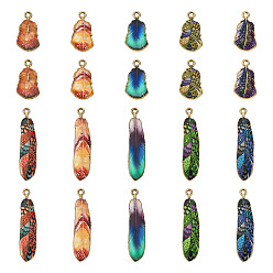(52) Непрозрачная лаванда 30шт 10 стили подвески из сплава с гальванопокрытием, напечатанный, без свинца, без кадмии и без никеля, подвески в виде листьев и перьев, золотой свет, разноцветные, 19~38x9~10.5x1.5~2.5 мм, отверстие : 1.6~1.8 мм, 3 шт / стиль