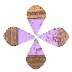 Lilac Transparent Resin & Walnut Wood Pendants, with Gold Foil, Teardrop, Lilac, 28x17.5x3mm, Hole: 1.8mm