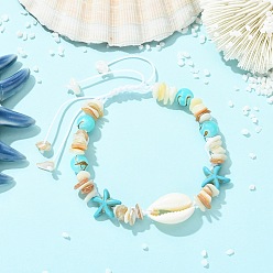 (52) Непрозрачная лаванда Регулируемые плетеные браслеты из синтетической бирюзы и натуральных ракушек для женщин, форма раковины и морская звезда, разноцветные, внутренний диаметр: 2.07 дюйм (5.25 см)