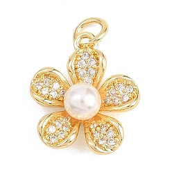 Настоящее золото 18K Подвески из латуни с микро-паве ко Дню святого Валентина, прозрачные циркониевые подвески, с пластмассовой жемчужиной abs, , долговечный, стойки покрытие, без свинца и без кадмия, реальный 18 k позолоченный, 16.5x14.5x6 мм, отверстие : 3.2 мм