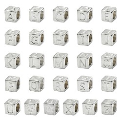 Letter A~Z 26шт 26 стиль 304 европейские бусины из нержавеющей стали, бусины с большим отверстием, куб с письмом, цвет нержавеющей стали, Письмо ~ Z, 7x7x7 мм, отверстие : 5 мм, 1 шт / стиль