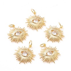 Настоящее золото 18K Латунные микропаве прозрачные подвески с фианитом, с прыжковых колец, долговечный, глаз, реальный 18 k позолоченный, 19.7x17x3 мм, Перейти кольцо: 5.3x1 мм, отверстие : 3.2 мм