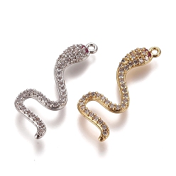 Mixed Color Brass Micro Pave Cubic Zirconia Pendants, Snake, Clear, Mixed Color, 30.5x11x2.5mm, Hole: 1.4mm