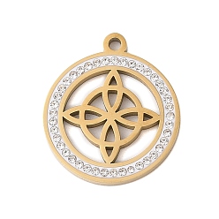 Настоящее золото 18K Стабилизированный свежий цветок 304 подвески из нержавеющей стали со стразами, плоско-круглые, реальный 18 k позолоченный, 25x21x2 мм, отверстие : 2 мм