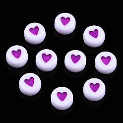 Blue Violet Opaque Acrylic Beads, with Enamel, Flat Round with Heart, Blue Violet, 7x3.5mm, Hole: 1.2mm, about 3600~3700pcs/500g