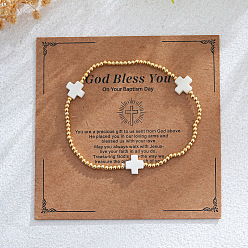 Белый Латунные эластичные браслеты с круглыми бусинами, украшения из смолы крест для женщин, с бумажной карточкой, белые, 7-7/8 дюйм (20 см), внутренний диаметр: 6-7/8 дюйм (17.5 см)