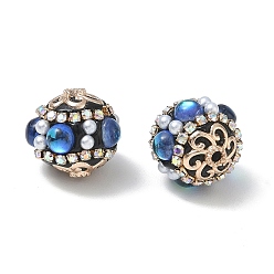 Blue Brass & ABS Imitation Pearl & Resin & Alloy Beads, Round with Flower, Blue, 17x19x19mm, Hole: 1.6mm