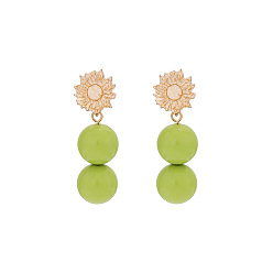 Yellow Green Alloy Resin Flower Stud Dangle Earrings for Women, Golden, Yellow Green, 50x15mm