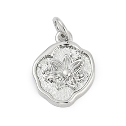 Платина Латунные микропаве прозрачные подвески с фианитом, овал с подвесками в виде цветов, без кадмия и без свинца, долговечный, стойки покрытие, с целью перехода в кольце, платина, 14.5x11.5x3 мм, отверстие : 3 мм