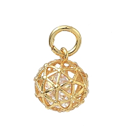 Golden Brass Micro Pave Clear Cubic Zirconia Charms, Round with Grid Charms, Rack Plating, Long-Lasting Plated, Golden, 10.5x8.5mm, Hole: 3mm