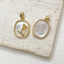 Golden Brass Pave White Shell Oval Pendants, Rose Charms, Golden, 23x13mm