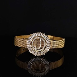 Letter J Латунные браслеты с микропаве из прозрачных кубических цирконий для женщин, плоские круглые с буквы, реальный 18 k позолоченный, буква J, 8-1/4 дюйм (21 см)