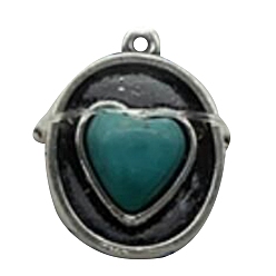 Сердце Подвески из искусственной бирюзы из смолы, со сплавочной фурнитурой античного серебряного тона, овальной формы, Сердце Pattern, 22.5x16 мм, отверстие : 1 мм