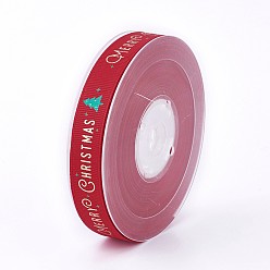 Red Polyester Grosgrain Ribbon for Christmas, Christmas Trees, Red, 16mm, about 100yards/roll