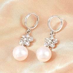 Платина Серьги-кольца из латуни в виде цветов ко Дню святого Валентина, с абс пластмассовой имитационной жемчужиной, без кадмия и без свинца, долговечный, стойки покрытие, платина, 44.5x11.5 мм