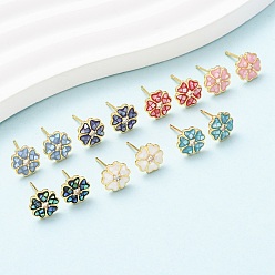 Настоящее золото 18K Серьги-гвоздики с цветком из латуни и эмали, с ракушками и булавками из стерлингового серебра, долговечный, без кадмия, без никеля и без свинца, реальный 18 k позолоченный, 9x9 мм