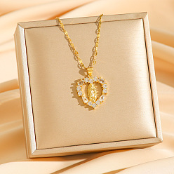 Сердце Ожерелья с полыми подвесками из латунных кристаллов и страз, 304 из нержавеющей стали цепи ожерелья, золотые, Сердце с Девой Марией, 15.43 дюйм (39.2 см)