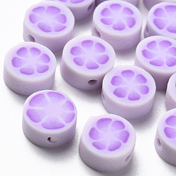Lilac Handmade Polymer Clay Beads, Flat Round with Flower, Lilac, 9~10x4~5mm, Hole: 1.4mm