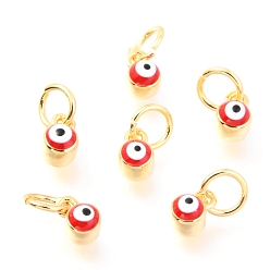 Red Brass Enamel Pendants, Long-Lasting Plated, Real 18K Gold Plated, with Jump Rings, Column with Evil Eye, Red, 5x3.5x4.5mm,Jump Ring: 5x0.6mm, 3mm inner diameter.