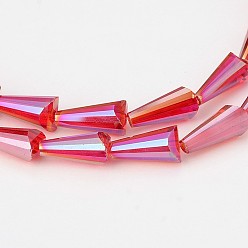 Rot Galvanisieren Glaskegel Perle Stränge, ab Farbe plattiert, rot, 14~16x7~8x7 mm, Bohrung: 1 mm, ca. 49~50 Stk. / Strang, 28.5 Zoll