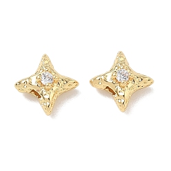 Chapado en Oro Real 18K Micropave de latón transparente perlas de circonio cúbico, estrella martillada, real 18 k chapado en oro, 9.5x9.5x5 mm, agujero: 1.6 mm