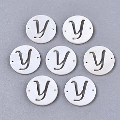 Letter Y Natural Freshwater Shell Links Connectors, Flat Round with Letter, Letter.Y, 14.5x1.5mm, Hole: 0.9mm