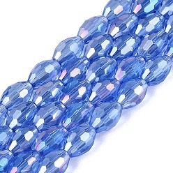 Cornflower Blue Electroplate Transparent Glass Beads Strands, Rice, AB Color Plated, Faceted, Cornflower Blue, 8~8.5x5.5~6mm, Hole: 1~1.2mm, about 67~68pcs/strand, 21.46~22.24 inch(54.5~56.5cm)
