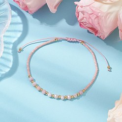 Pink Стеклянные плетеные браслеты из бисера, рондель, с латунью и бисером, розовые, внутренний диаметр: 3-3/8~5-1/4 дюйм (8.5~13.3 см)