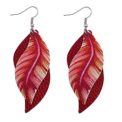 Темно-Красный Кожзаменитель болтаться серьги, перо с листом, платина, темно-красный, 95 мм