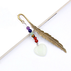 Luminous Stone Synthetic Luminous Stone Heart Pendant Bookmark, with 7 Natural Gemstone Round Beads, Feather Shape Alloy Bookmark, 120mm