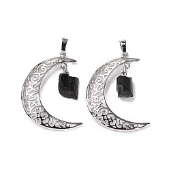 Кварц Турмалинизации  Подвески с натуральным турмалином и кварцем, Луна прелести, латунная фурнитура с платиновым покрытием, 38.5~40x27~28x2 мм, отверстие : 7x5 мм