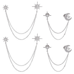 Платина 4 шт. 2 стили брошь-цепочка со звездой и кристаллами из стразов, булавки для лацканов из сплава для одежды рюкзака, платина, 153~244 мм, 2 шт / комплект
