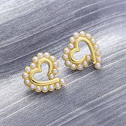 Настоящее золото 18K Серьги-гвоздики в форме сердца из латуни, с пластмассовой жемчужиной abs, долговечный, без свинца и без кадмия, сердце, реальный 18 k позолоченный, 12x12 мм