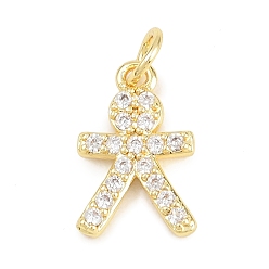 Настоящее золото 18K Латунные микропаве прозрачные подвески с фианитом, шармы в форме человека , без кадмия и без свинца, реальный 18 k позолоченный, 14.5x9.5x2 мм, отверстие : 3 мм