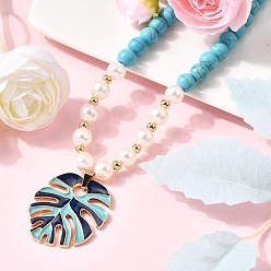 Темно-бирюзовый Ожерелья из круглых бусин из листового сплава с эмалью, окрашенной синтетической бирюзой и пластиковым жемчугом для женщин, золотые, темные бирюзовый, 17.13 дюйм (43.5 см)