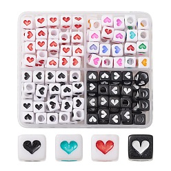 Mixed Color 160Pcs 4 Style Opaque Acrylic Beads, Cube with Heart, Mixed Color, 6~6.5x6x6mm, Hole: 3~3.5mm, 40pcs/style