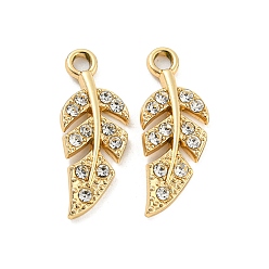 Золотой Подвески со стразами из сплава с УФ-покрытием, лист прелести, золотые, 23x9x2 мм, отверстие : 2 мм