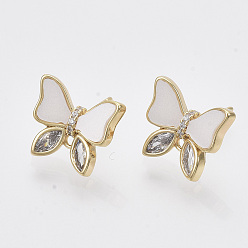 Real 18K Gold Plated Brass Micro Pave Clear Cubic Zirconia Stud Earring Findings, with Enamel and Loop, Nickel Free, Butterfly, Real 18K Gold Plated, 11.5x13.5mm, Hole: 1.2mm, Pin: 0.8mm