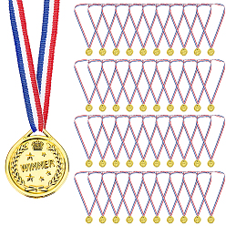 Gold Plastic Medals, with Polyester Stripe Pattern Lanyard, Flat Round, Gold, 680mm