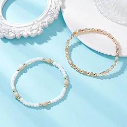 (52) Непрозрачная лаванда 2 Набор эластичных браслетов из натуральных окаменелостей и круглых стеклянных бусин для женщин, с латунным, разноцветные, бусины : 4~6 мм, внутренний диаметр: 2.17 дюйм (5.5 см)