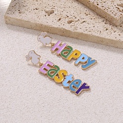 (52) Непрозрачная лаванда Пасхальные серьги-подвески с эмалью, кролик со словом «Счастливой Пасхи», золотые, разноцветные, 70x15 мм