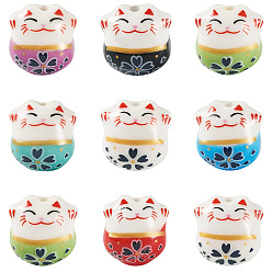 (52) Непрозрачная лаванда 9шт. фарфоровые бусины ручной работы с принтом, Lucky Cat, разноцветные, 13x14x11 мм, отверстие : 2 мм